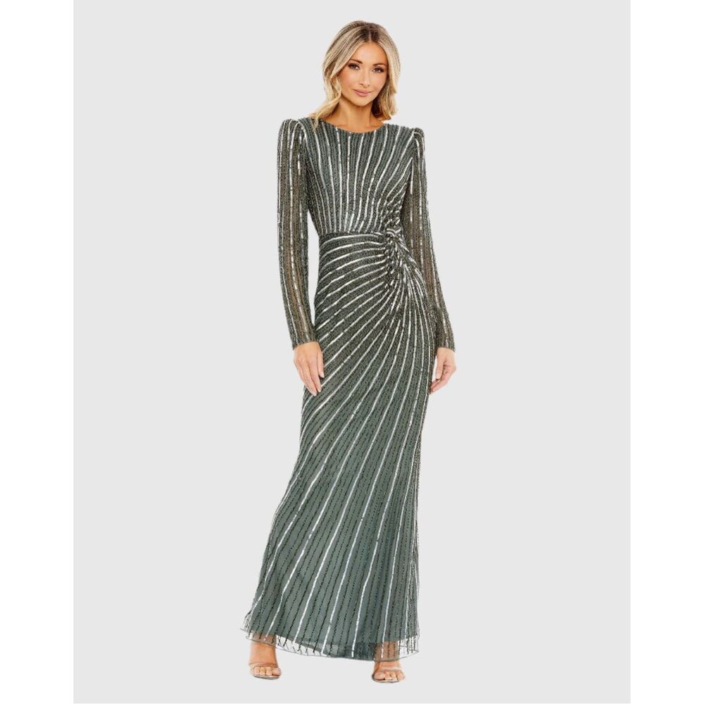 MAC DUGGAL Gray Embellished Puff Sleeve Side Knot Gown Size 10 $598